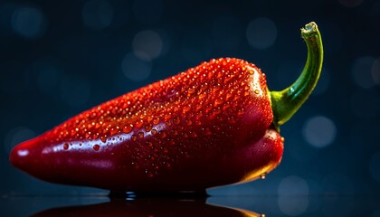 Close-up of a shiny red chili pepper with water droplets and green stem