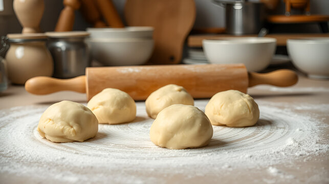 rolling pin and dough. balls up ready for baking in a kitchen - Powered by Adobe