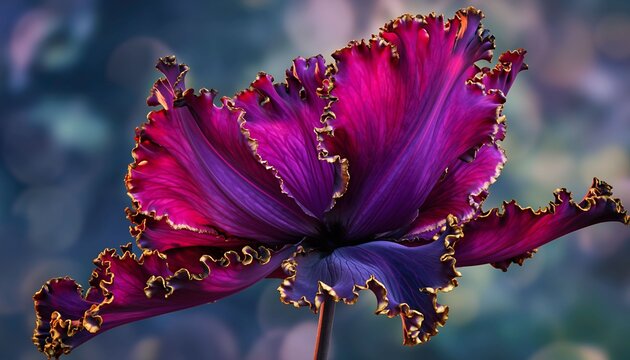 Close-up of a purple and pink cyclamen flower with ruffled golden edges.