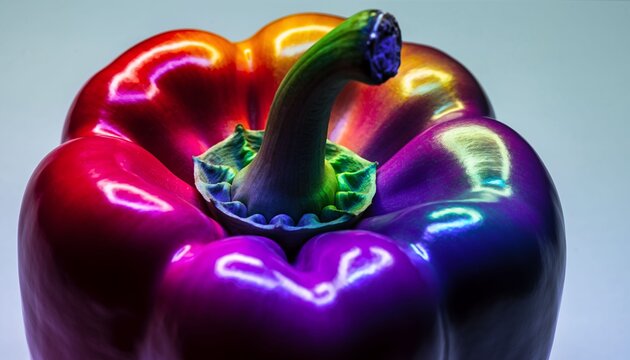 Close-up of a shiny bell pepper with multicolored lighting effects