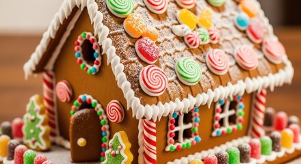Festive Gingerbread House Decorated with Colorful Candies and Sweets.