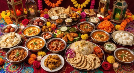 Fototapeta premium Festive Indian Cuisine - A Colorful Culinary Feast.