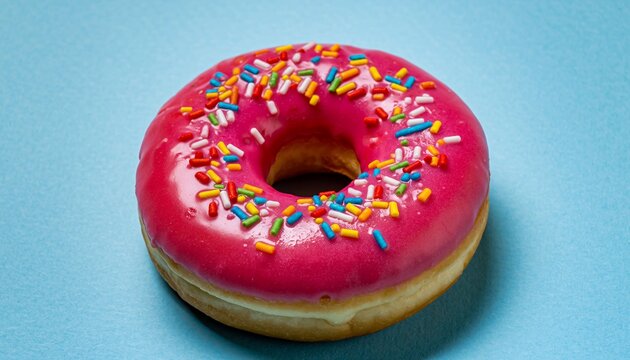 Close-up of donut with pink icing and colorful sprinkles on blue background