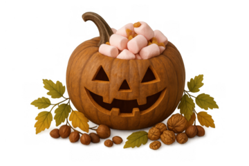 Jack-o'-lantern pumpkin smiling while serving sweet pink marshmallows and crunchy nuts with fall foliage, symbolizing halloween fun