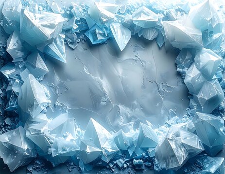 A frosted ice frame surrounds a textured, neutral surface, showcasing bright, crystalline shards
