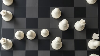 tactics. A chessboard with white pieces forming an unconventional path, minimalist overhead view. tutorial guides, club newsletters, designed for sports & leisure club marketing.