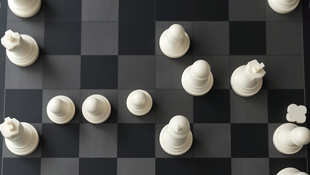 tactics. A chessboard with white pieces forming an unconventional path, minimalist overhead view. tutorial guides, club newsletters, designed for sports & leisure club marketing.
