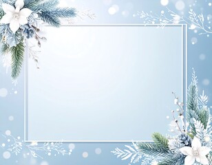 A frosty blue winter frame with white flowers, pine, and sparkles, blank inside