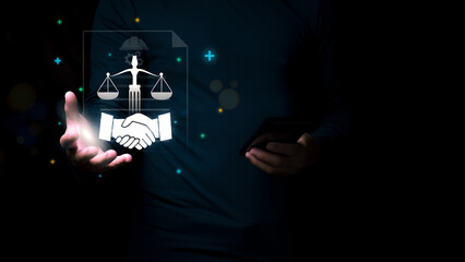 Business people showing agreement under the labor protection law, concept of legal rights for employees and contractors, legal advisor, and lawyer.