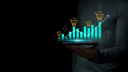 Businessmen are showing continuous growth of the Ecommerce market with an increasing percentage, the concept of online shopping and express delivery system, and online marketing.