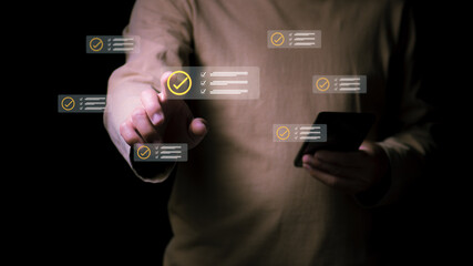 Digital checklist and task management interface. Productivity concept. Workflow optimization. Planning. Businessman digitally marking checkboxes on the checklist screen.