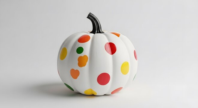 Single White Pumpkin Decorated with Assorted Color Polka Dots Displayed Against Clean Background