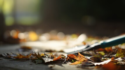 Autumn leaves with gardening tool, sunlit outdoor setting, close - up view, copy space