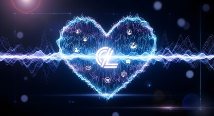 Digital illustration of a glowing heart shape with interconnected icons representing technology and communication on a dark background
