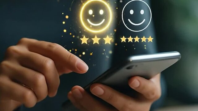 Woman gives five star review online. Excellent customer experience evaluation.