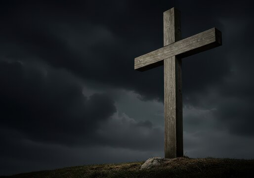 A rugged, heavy wooden cross stands against a dark, dramatic sky, symbolizing ultimate sacrifice and profound suffering, ancient, suffering, desolate