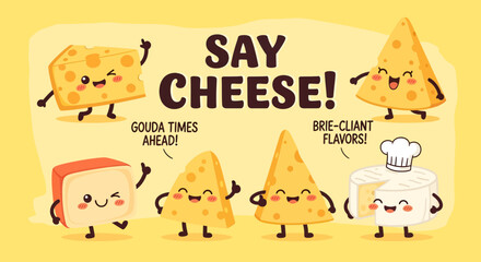 A playful collection of kawaii-style cheese characters with happy faces and arms, featuring puns like "Gouda times ahead" and "Brie-liant flavors" on a yellow background.