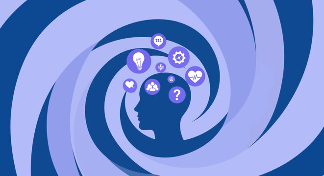 A conceptual design featuring a human head silhouette in profile surrounded by a hypnotic blue spiral, with icons representing thoughts, emotions, and mental health floating above the mind.