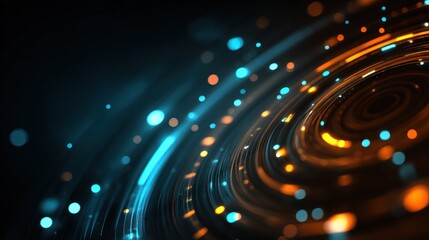 Abstract swirling light trails and bokeh in dark blue and orange colors.