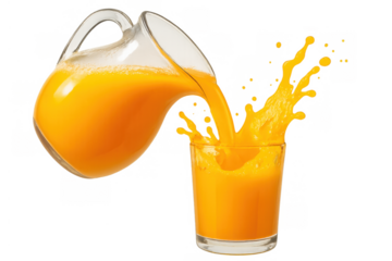 Orange juice pouring creating splash in glass, refreshing citrus fruit drink on transparent background