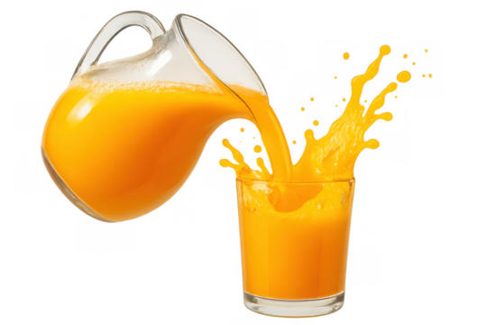 Orange juice pouring creating splash in glass, refreshing citrus fruit drink on transparent background