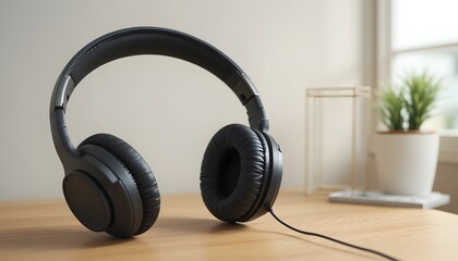 Close-up view of a pair of black over-ear headphones resting on a wooden table with a potted plant in the background, perfect for music lovers and audio enthusiasts