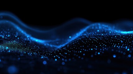 Abstract blue glowing particles form a wave pattern against black.