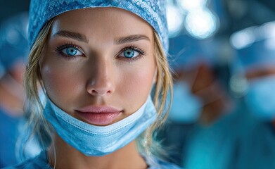 a female doctor in her thirties, wearing blue scrubs and a hat with a mask on her face, is facing the camera. the background shows an operating room