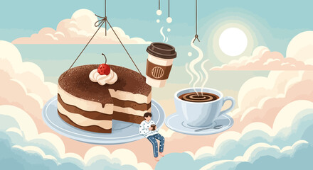 Dreamy indulgence illustration: cake, coffee, and a serene cloudscape getaway