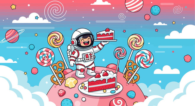 Astronaut enjoying sweet treats on candy planet with joyful and playful style