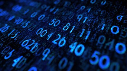 Abstract blue digital numbers flowing across a dark background.