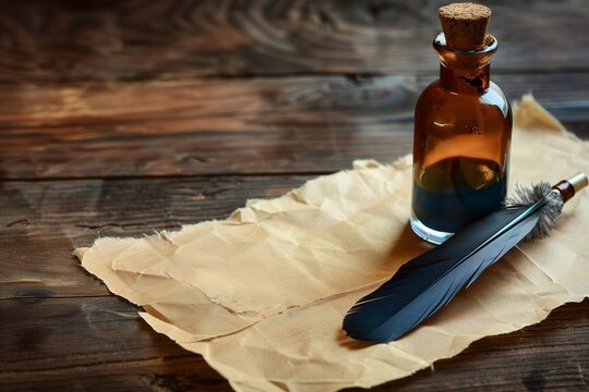 Vintage quill pen in ink bottle beside parchment paper, old wooden desk, warm lighting, historical writing theme.