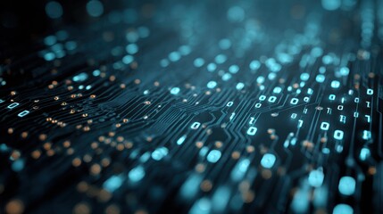 Glowing binary code flows across a dark abstract circuit board background.