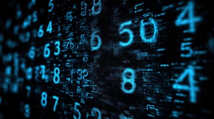 Abstract digital background with glowing blue numbers and data streams.