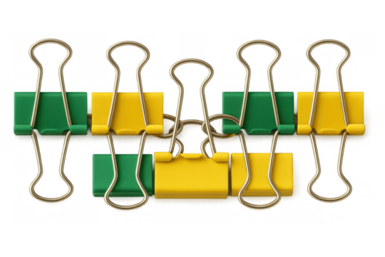 Binder clips arranging in a horizontal line, yellow and green colors alternating, useful stationery for office organization