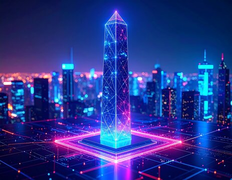 A futuristic city skyline features a glowing, geometric obelisk atop a digital circuit
