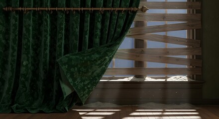 A cozy interior scene featuring a window with wooden blinds and a green patterned curtain partially drawn, allowing natural light to cast shadows on the floor