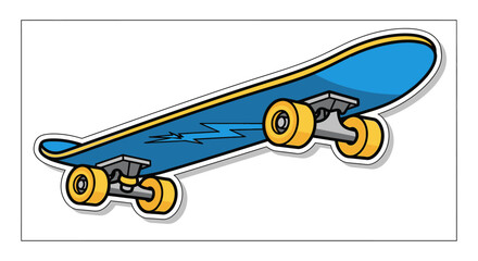 Stylized illustration of a blue skateboard with yellow wheels and a lightning bolt design on a © since 1