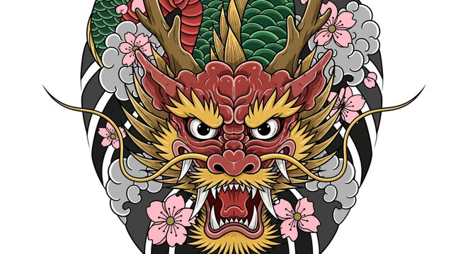 Intricate illustration showcasing the vibrant and formidable face of a mythical dragon, adorned