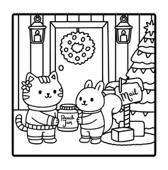 cute winter christmas coloring page, dog coloring page, cat coloring page, bold and easy