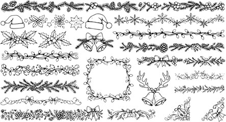 Fototapeta premium Hand-Drawn Christmas and Winter Doodle Elements Set: Festive Borders, Dividers, Garlands, Bells, Hats, Holly, Pinecones, and Snowflakes