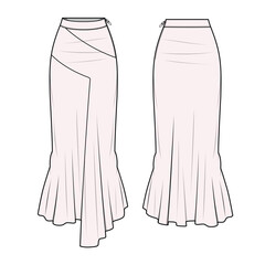 Midi skirt front and back view technical flat sketch vector mockup illustration.