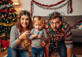 Funny family with baby tangled in Christmas lights, laughing and celebrating together. Humorous holiday chaos and festive fun in cozy home. For greeting card, advertising, family lifestyle content.