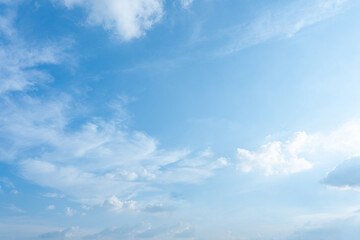 Bright blue sky with scattered white cirrus and cumulus clouds creating a peaceful summer atmosphere