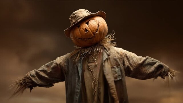 Autumnal scarecrow figure with pumpkin head in moody outdoor setting