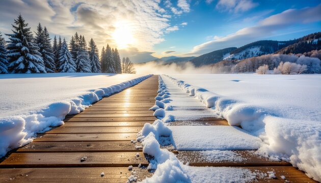 Stunning winter dock bathed in golden sunlight, leading across a serene, snow-covered landscape towards misty mountains and a bright blue sky.