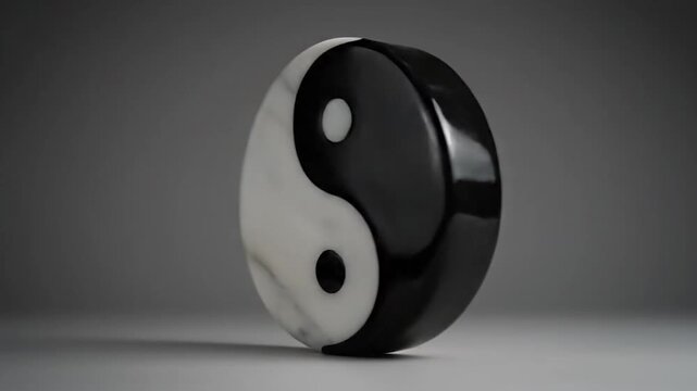 A polished yin and yang symbol, split black and white with a gray backdrop