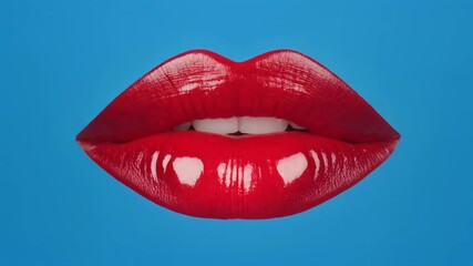 Bold red lips on bright blue background create striking visual appeal