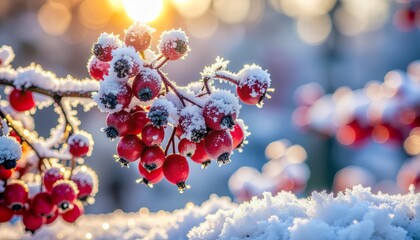 Stunning close-up of vibrant red berries dusted with fresh snow, glowing in warm golden hour sunlight, evoking winter's crisp beauty and festive cheer.