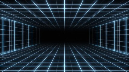 Experience a virtual journey in a glowing 3D grid environment